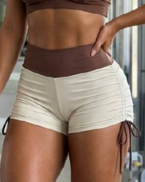 Short Fitness Regul�vel Off White/Marrom Poliamida