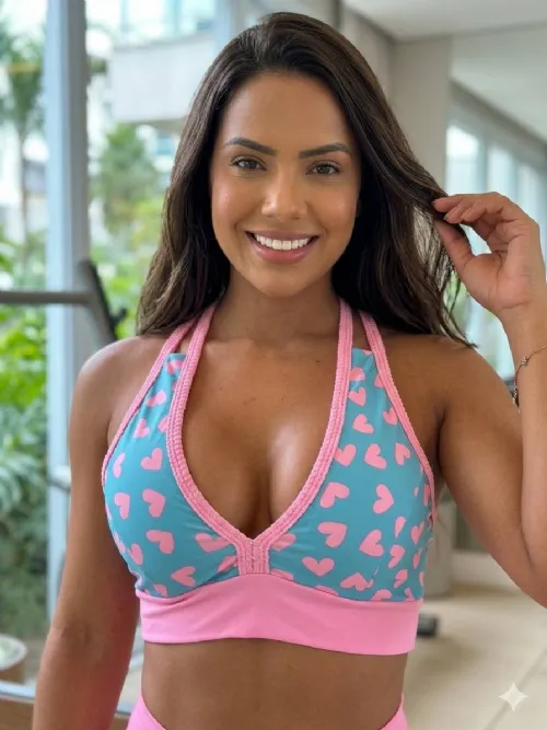 Top Fitness Tradicional Azul Cora��o Rosa