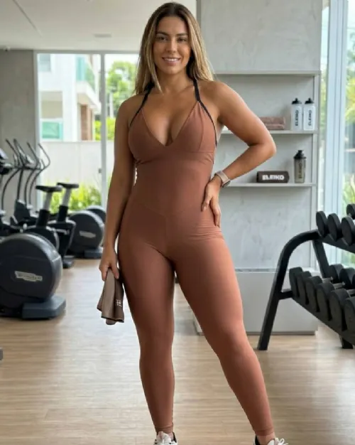 Macac�o Fitness Longo Canelado Light Marrom/Preto Poliamida