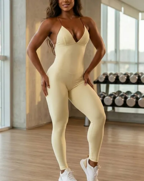 Macac�o Fitness Longo Virginia Kapana Amarelo P�rola/Marrom Poliamida