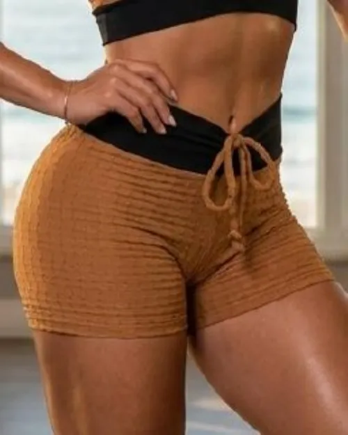 Short Fitness Regulagem Frontal Caramelo/Preto Texturizado