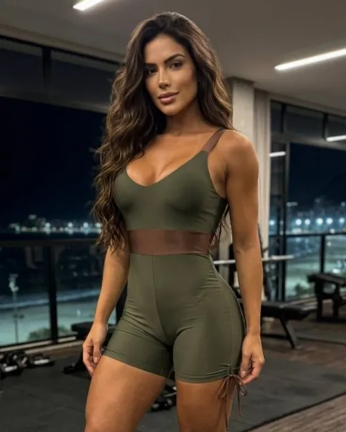 Macaquinho Fitness Milena Verde Oliva/Marrom Poliamida