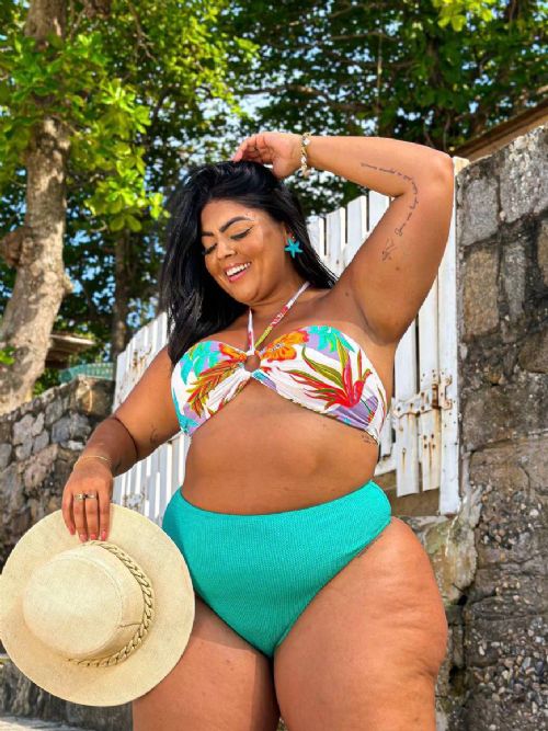 Conjunto Top Argola Mxi Floral e Retr Gringa Texturizada Oceano