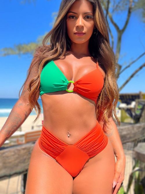 Conjunto Top Brbara Duo Verde/Coral e Calcinha Curves Coral