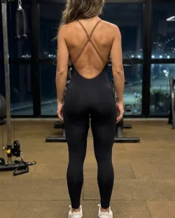 Macac�o Fitness Longo Virginia Canelado Light Preto/Marrom