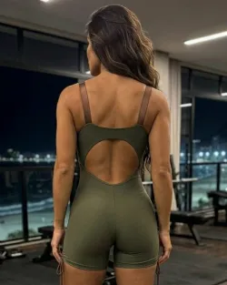 Macaquinho Fitness Milena Verde Oliva/Marrom Poliamida