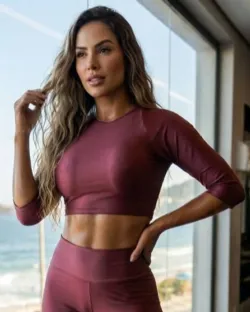 Cropped Fitness Manga 3/4 Marsala Poliamida