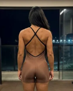 Macaquinho Fitness Amanda Marrom Shine/Preto Poliamida